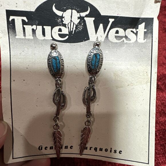 Unbranded Jewelry - Vtg True West Genuine Turquoise Feather Cactus Dangle Stud Earrings